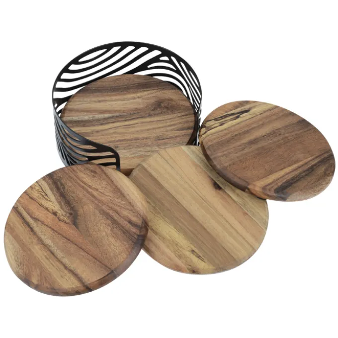 Acacia Wood 4-Piece Coaster Set in Metal Stand - Round