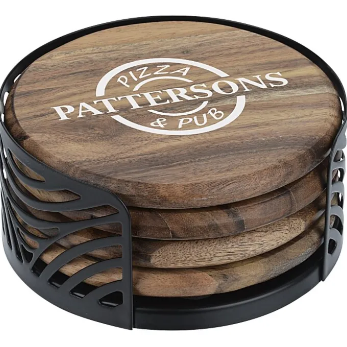 Acacia Wood 4-Piece Coaster Set in Metal Stand - Round