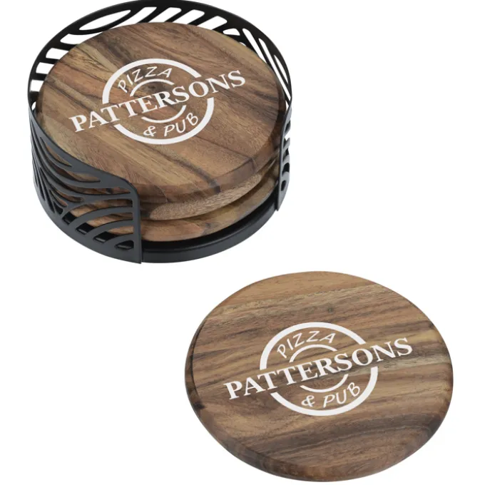 Acacia Wood 4-Piece Coaster Set in Metal Stand - Round