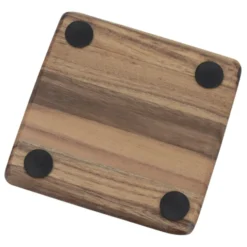 Acacia Wood 4-Piece Coaster Set in Metal Stand - Square