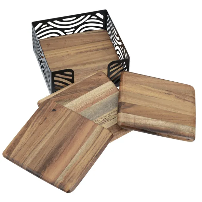 Acacia Wood 4-Piece Coaster Set in Metal Stand - Square