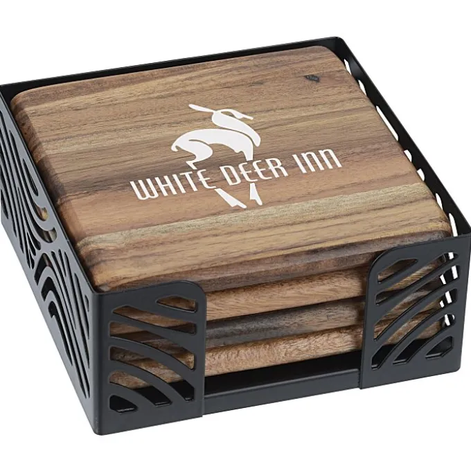 Acacia Wood 4-Piece Coaster Set in Metal Stand - Square