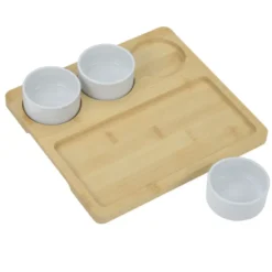 Bamboo Serving Tray with Ceramic Bowls
