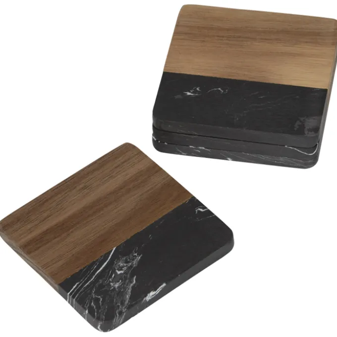 Black Marble and Wood Coaster Set