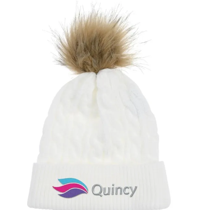 Cable Knit Beanie with Faux Fur Pom Pom