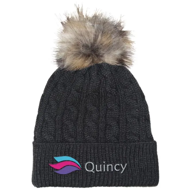 Cable Knit Beanie with Faux Fur Pom Pom - 24 hr