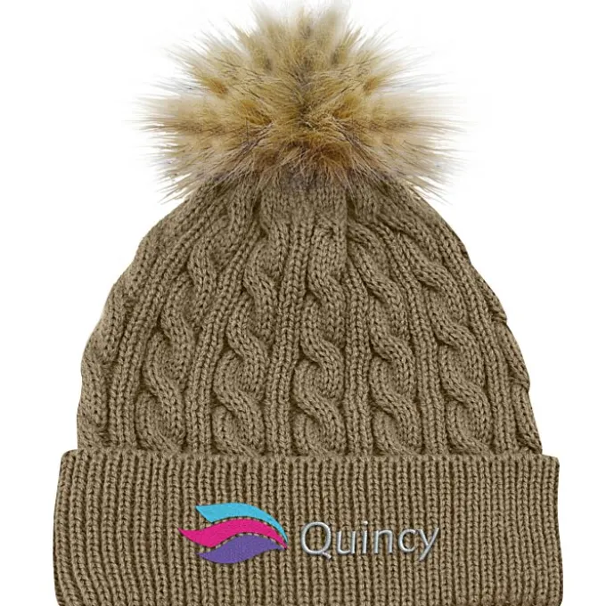 Cable Knit Beanie with Faux Fur Pom Pom - 24 hr