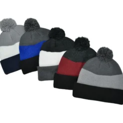 Cozy Rib Knit Striped Pom Beanie
