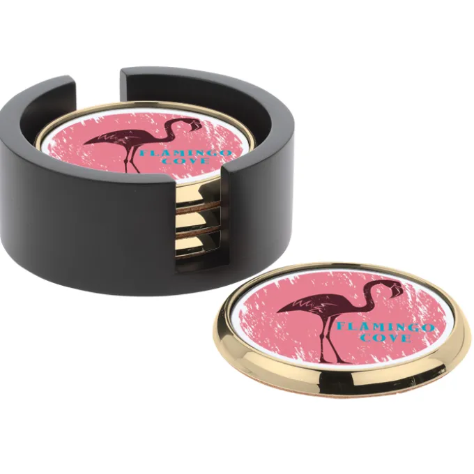 Four Round Full Color Coasters with Wood Tray