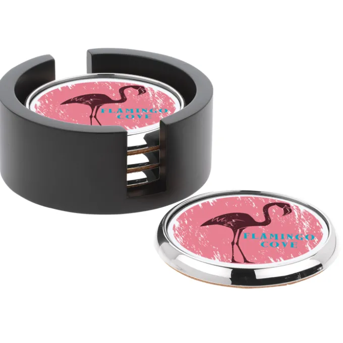 Four Round Full Color Coasters with Wood Tray