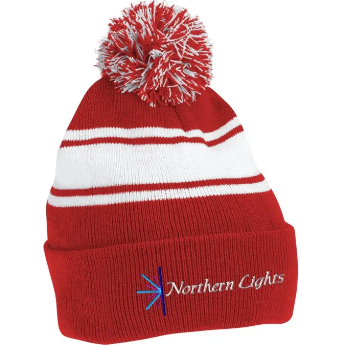 Pom Pom Cuff Beanie with Stripes