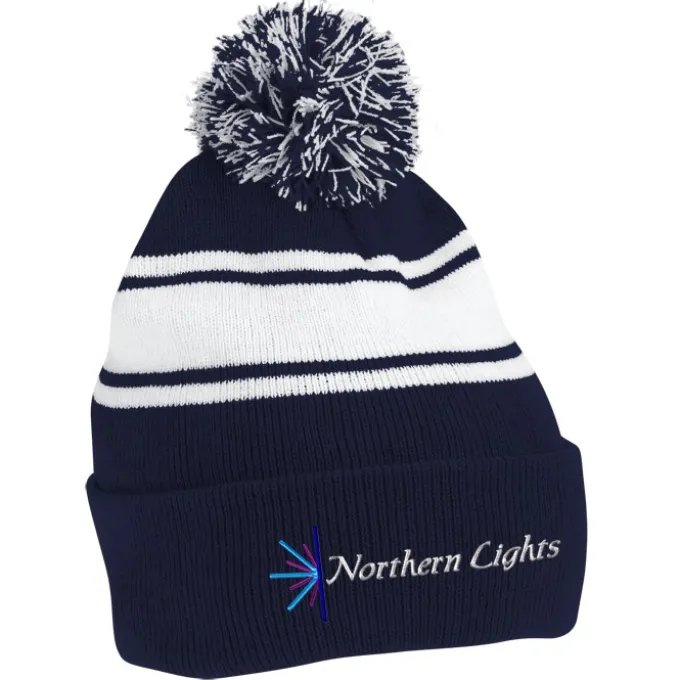 Pom Pom Cuff Beanie with Stripes
