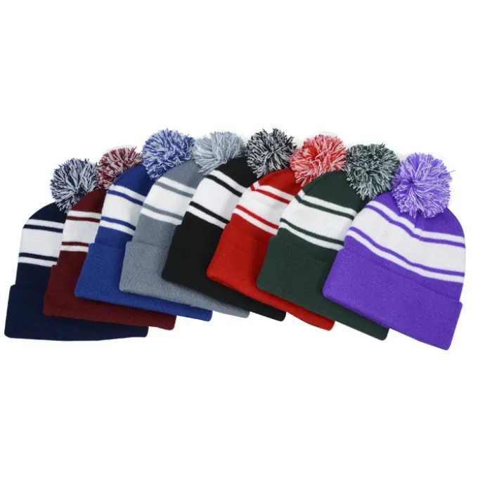 Pom Pom Cuff Beanie with Stripes