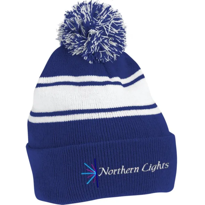 Pom Pom Cuff Beanie with Stripes