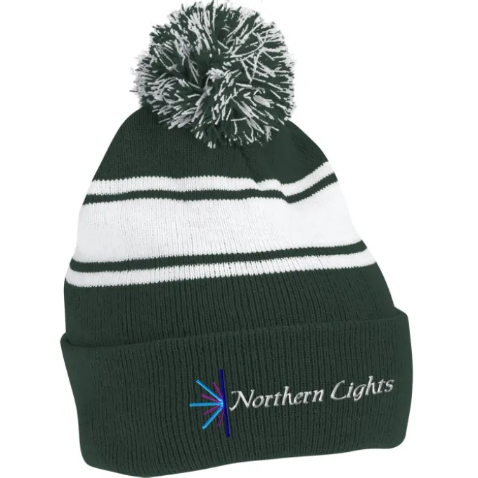 Pom Pom Cuff Beanie with Stripes