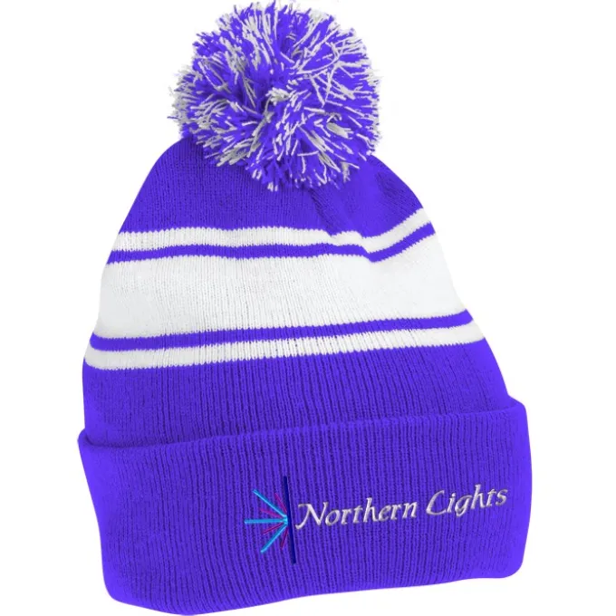Pom Pom Cuff Beanie with Stripes