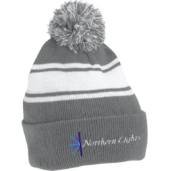 Pom Pom Cuff Beanie with Stripes