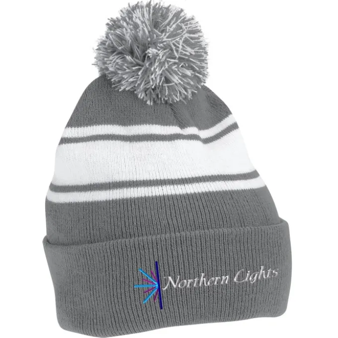 Pom Pom Cuff Beanie with Stripes
