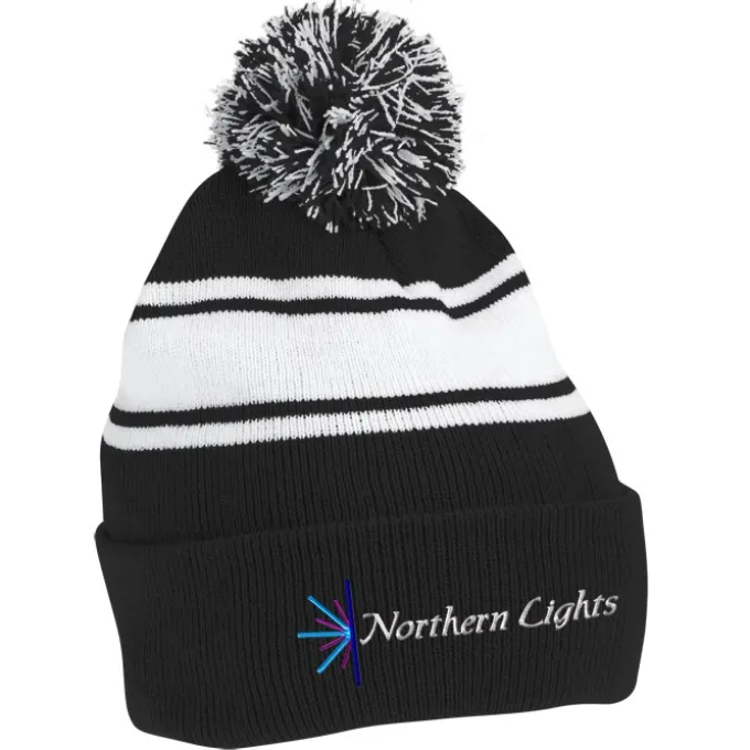 Pom Pom Cuff Beanie with Stripes