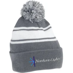 Pom Pom Cuff Beanie with Stripes