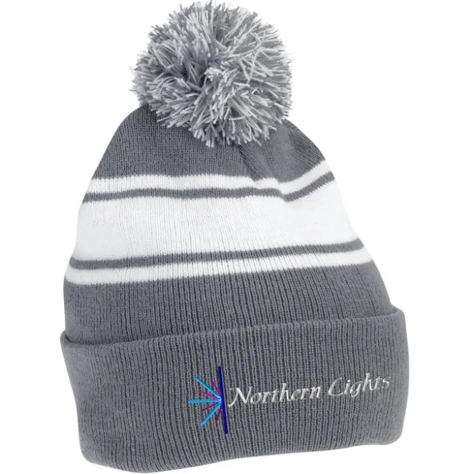 Pom Pom Cuff Beanie with Stripes