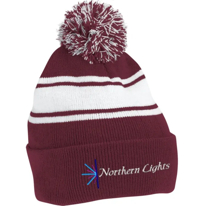 Pom Pom Cuff Beanie with Stripes